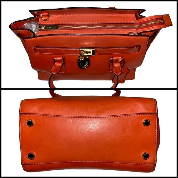 MICHAEL KORS HAMILTON TRAVELER GENUINE LEATHER SATCHEL/ SHOULDER BAG ORANGE - Picture 7 of 15